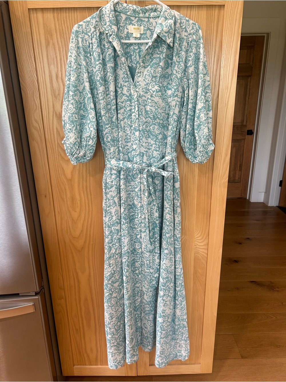Anthropologie Maeve Teal Paisley Button-Front Maxi Dress with Tie Waist